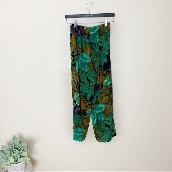 Vintage Women's Rayon Leaf Print Elastic Waist Wide Leg Pants - Picture 7 of 7